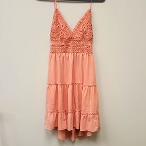 crocheted spaghetti sleeve open back pink summer dress. Size L